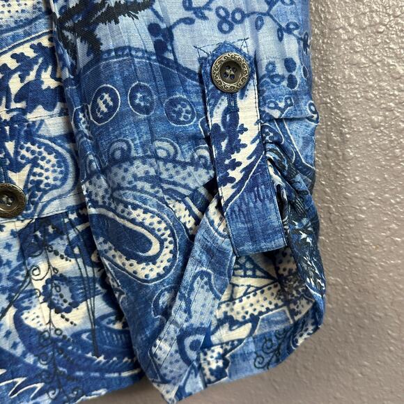 Chico's Paisley Linen Blend Jacket Size 2 Blue Button Collared Long Sleeve New - Picture 4 of 6